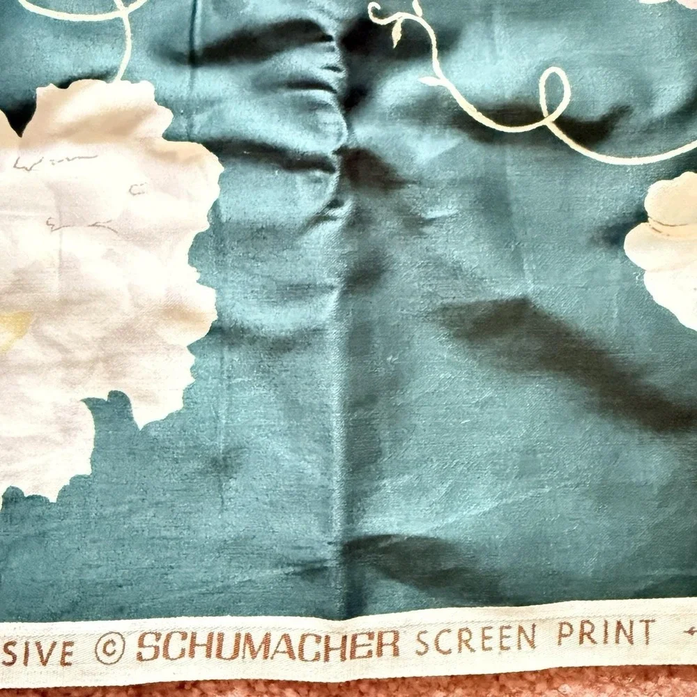 Vintage Schumacher Venus Floral Fabric Panel Pink Roses Dark Teal Cottagecore - Picture 5 of 14